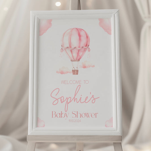 Baby Shower Welcome Sign Print (Personalised) - Hot Air Balloon Pink
