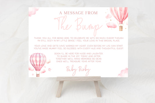 Message From Bump Baby Shower Sign (Personalised) - Hot Air Balloon Pink