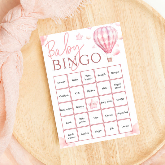 Baby Bingo Baby Shower Game - Hot Air Balloon Pink