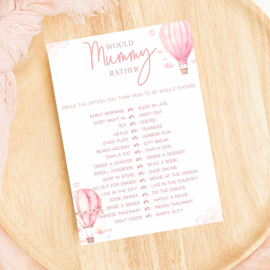 Would Mummy Rather Baby Shower Game (Personalised) - Hot Air Balloon Pink