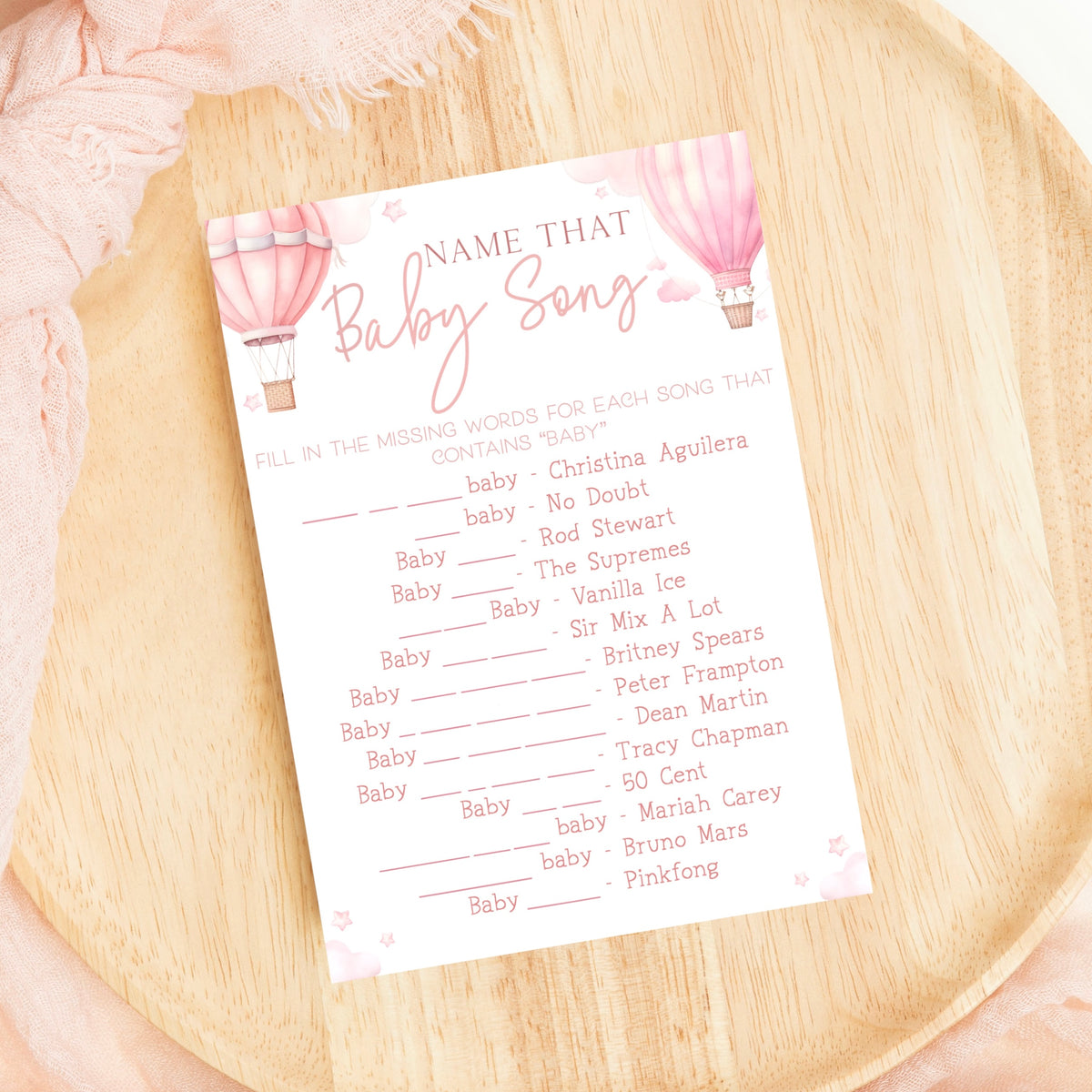 Name That Baby Song Baby Shower - Hot Air Balloon Pink