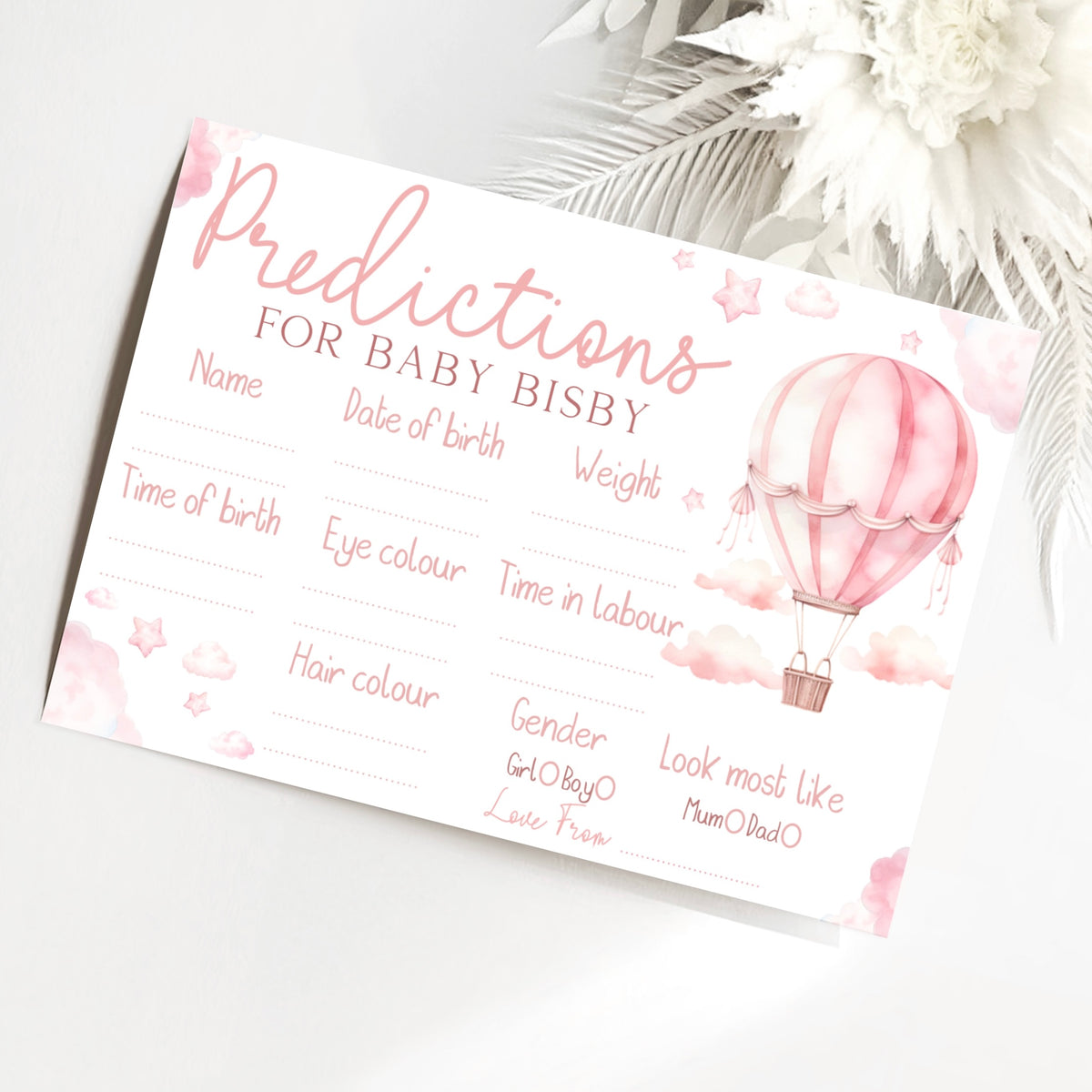 Baby Shower Prediction Cards (Personalised) - Hot Air Balloon Pink