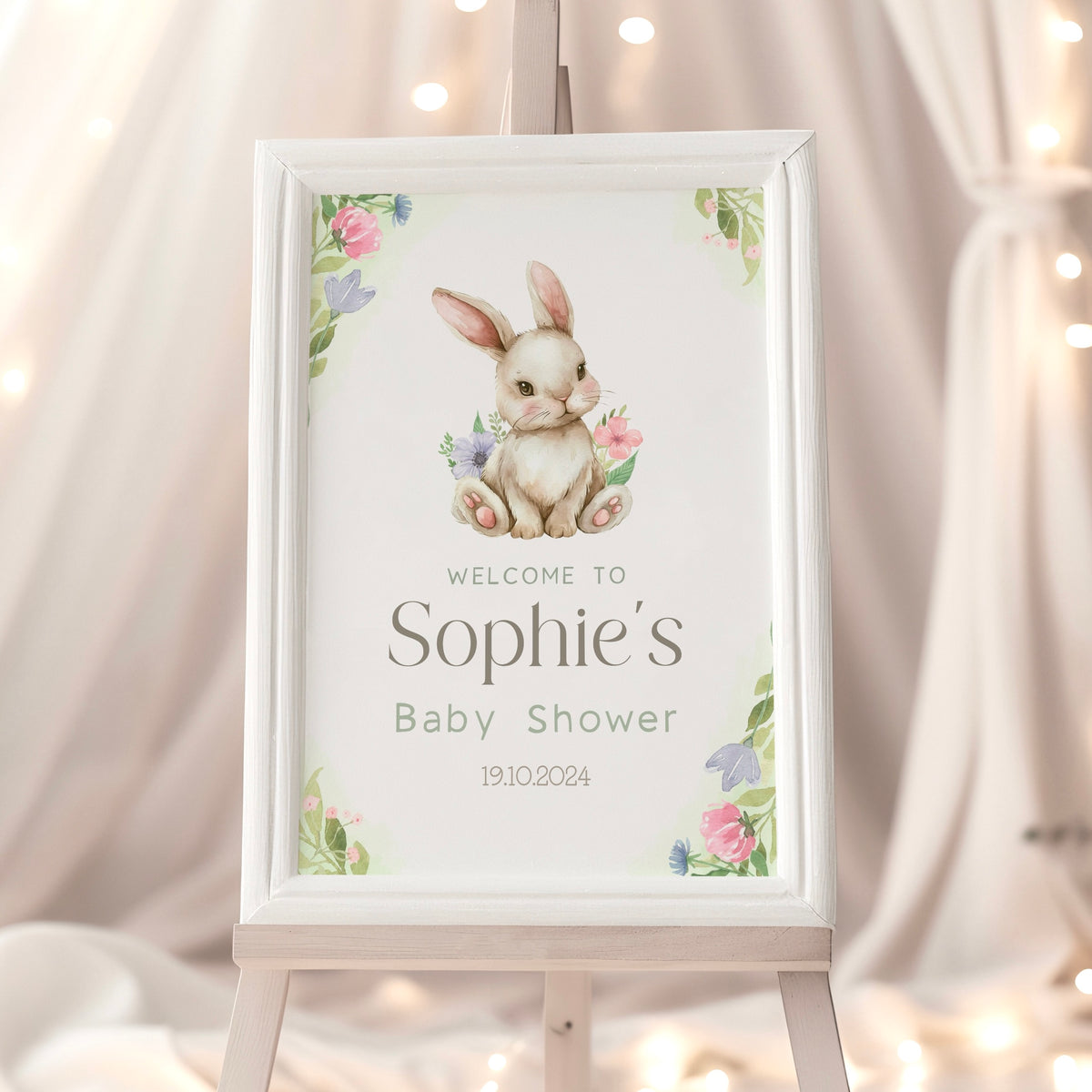 Baby Shower Welcome Sign Print (Personalised) - Bunny With Spring Florals