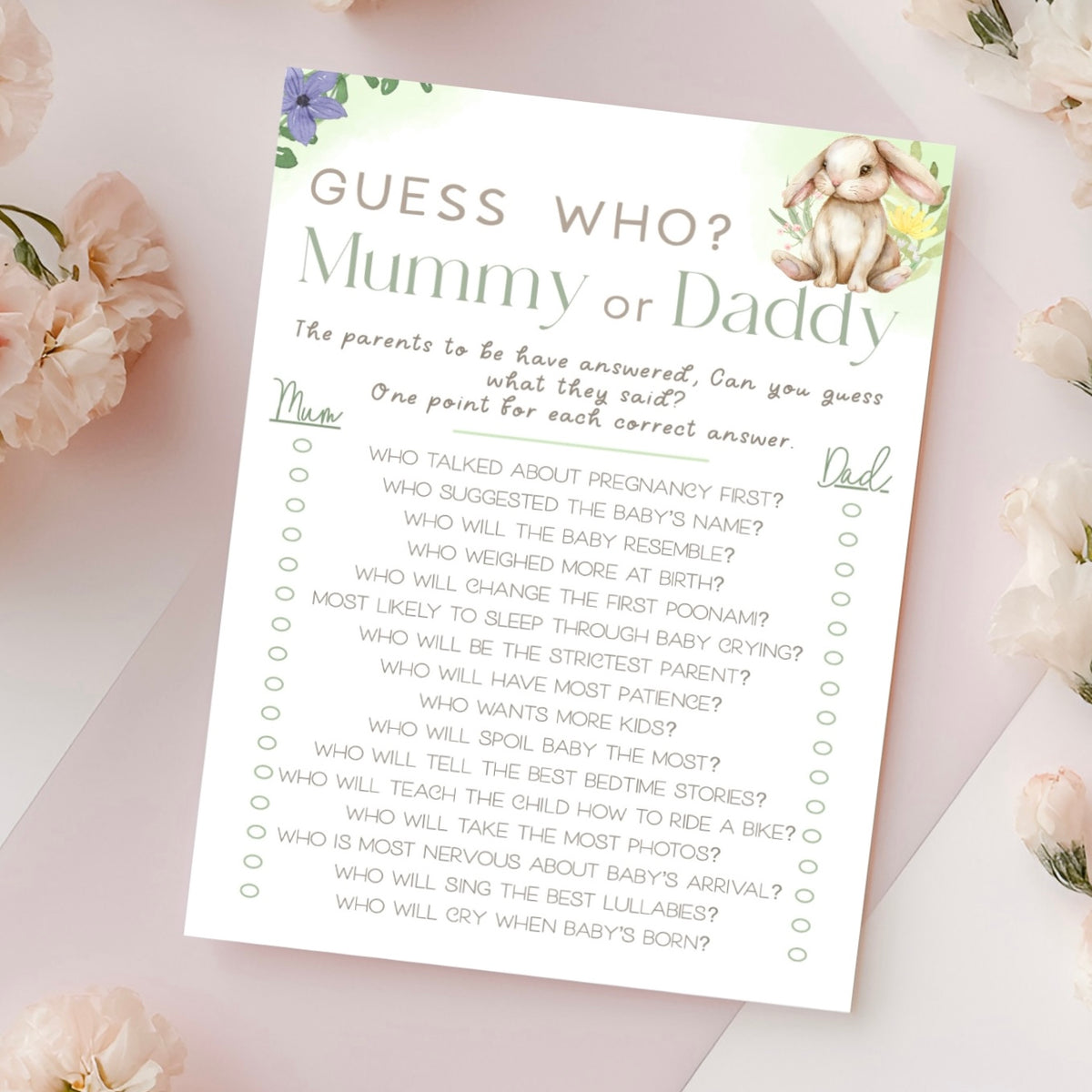 Mummy Or Daddy Baby Shower Game - Bunny With Spring Florals