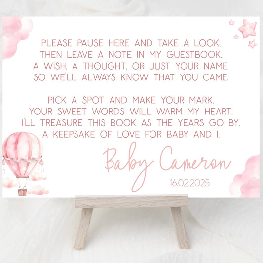 Baby Shower Guest Book Sign (Personalised) - Hot Air Balloon Pink