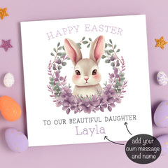 Purple Bunny In Floral Wreath Easter Card (Personalised)