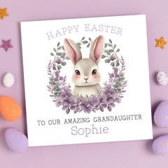 Purple Bunny In Floral Wreath Easter Card (Personalised)