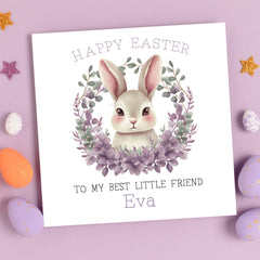 Purple Bunny In Floral Wreath Easter Card (Personalised)
