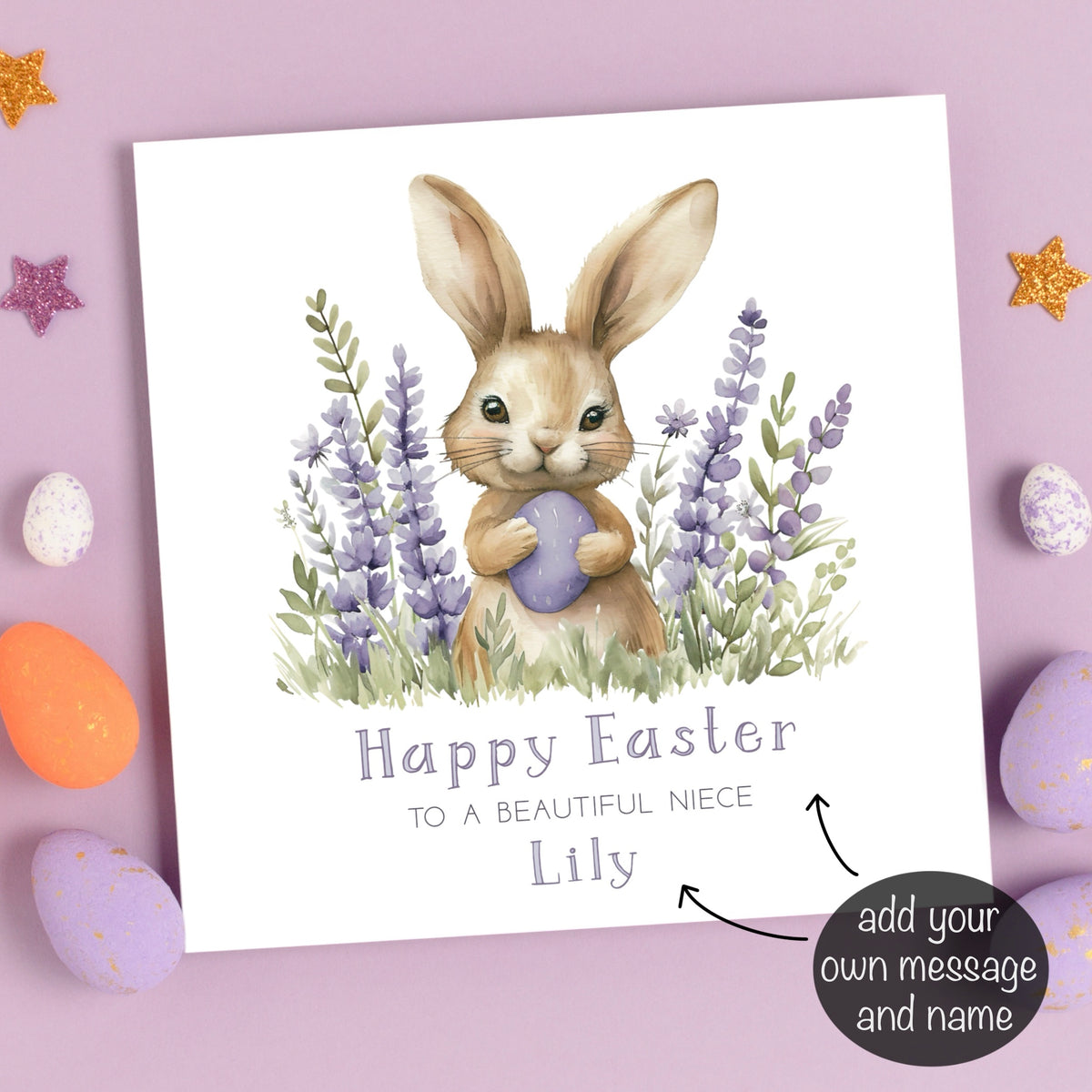 Purple Bunny Among Florals Easter Card (Personalised)