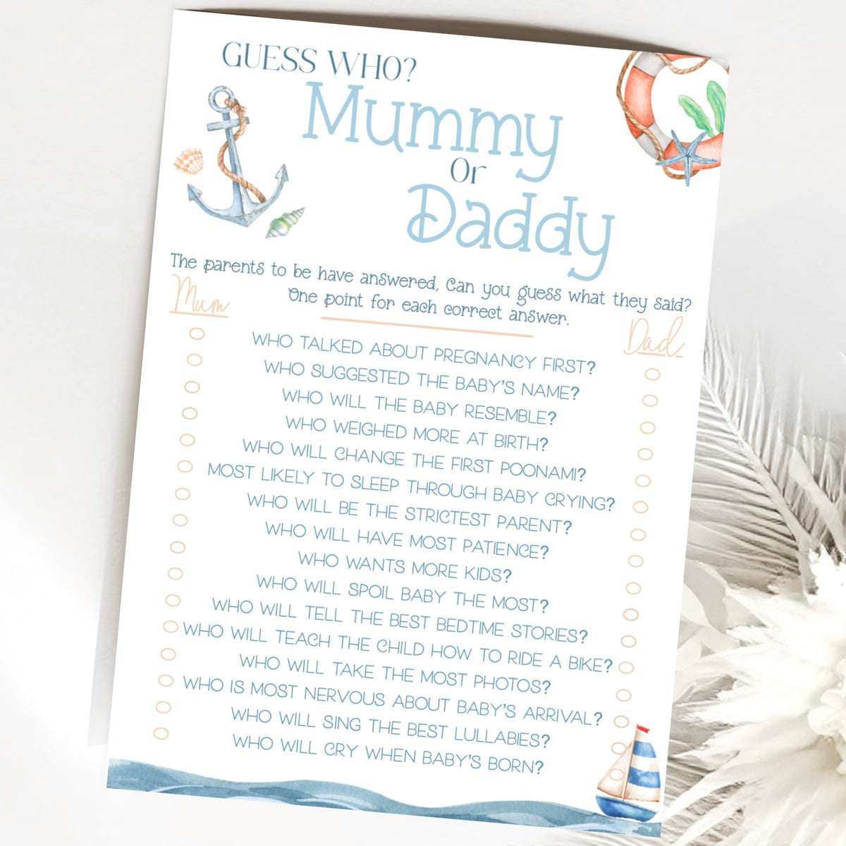 Guess Who Mummy Or Daddy Baby Shower Game - Nautical