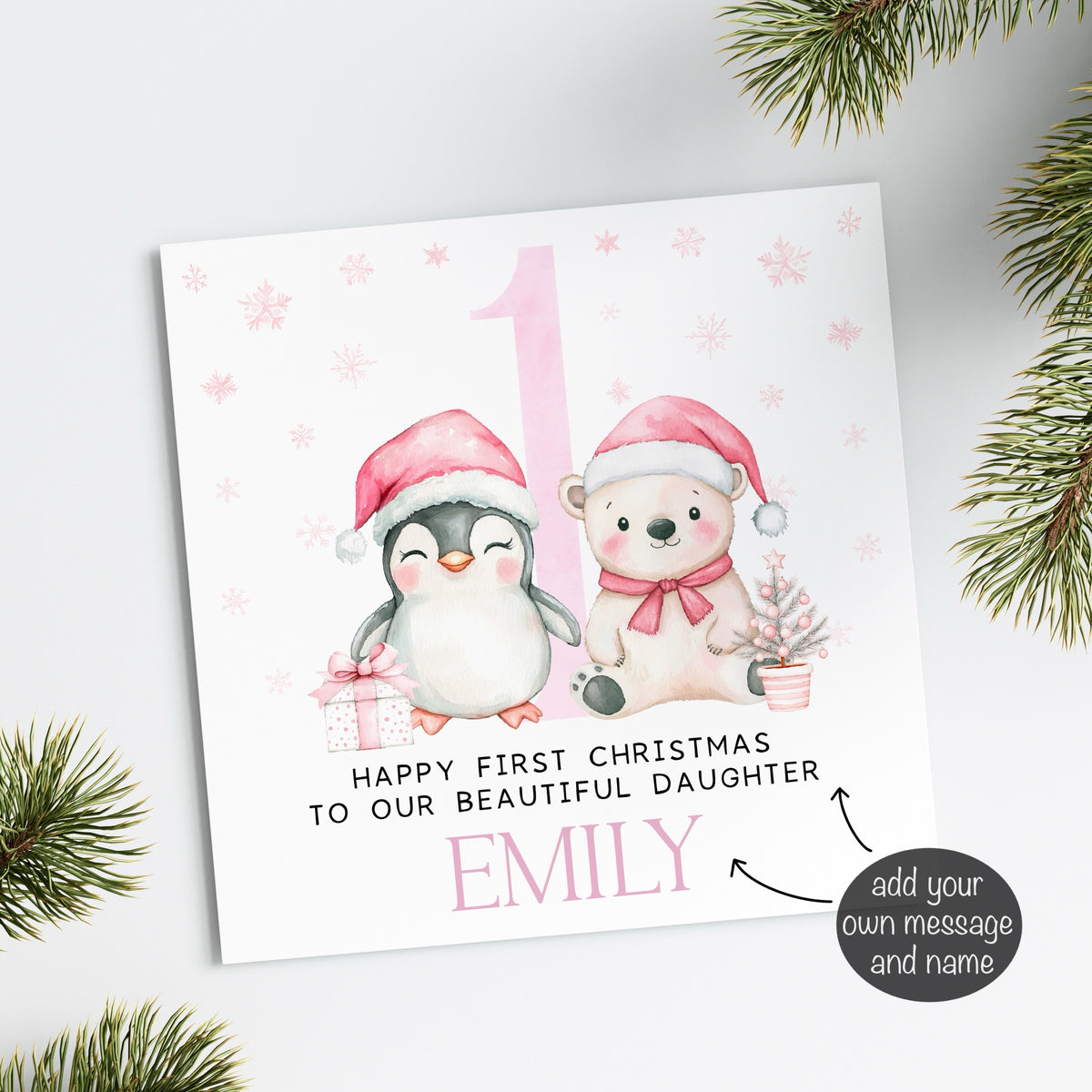 Pink Penguin & Bear 1st Christmas Card (personalised)
