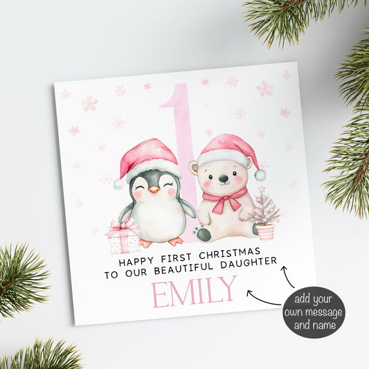 Pink Penguin & Bear 1st Christmas Card (personalised)