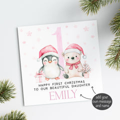 Pink Penguin & Bear 1st Christmas Card (personalised)
