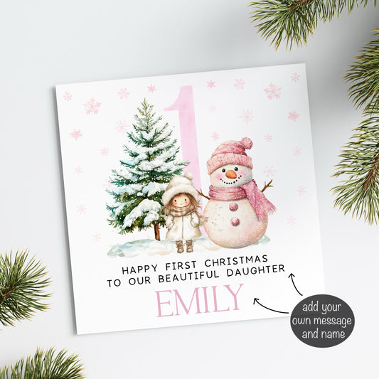 Pink Snowman 1st Christmas Card (Personalised)