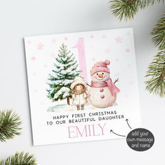 Pink Snowman 1st Christmas Card (Personalised)