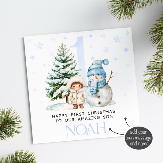 Blue Snowman 1st Christmas Card (Personalised)