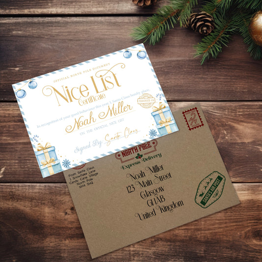 Blue Santa’s Nice List Certificate & Envelope (Personalised)