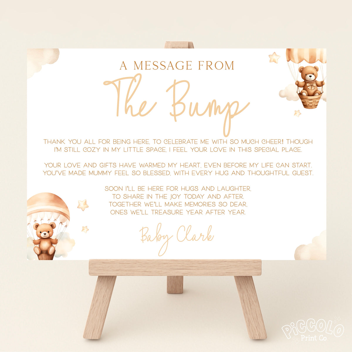 Message From Bump Baby Shower Sign (Personalised) - Teddy In Hot Air Balloon Neutral