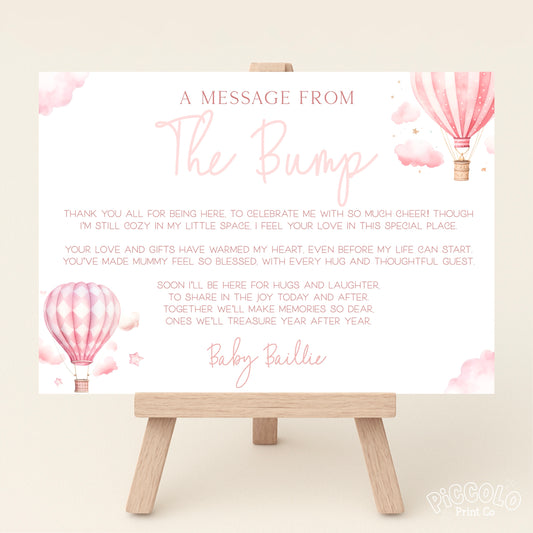 Message From Bump Baby Shower Sign (Personalised) - Hot Air Balloon Pink