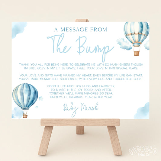Message From Bump Baby Shower Sign (Personalised) - Hot Air Balloon Blue