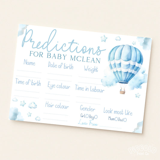 Baby Shower Prediction Cards (Personalised) - Hot Air Balloon Blue