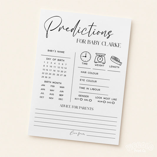 Baby Shower Prediction Cards (Personalised) - Simple Black