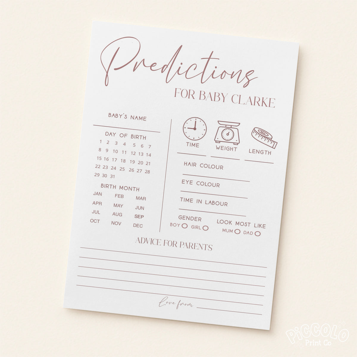 Baby Shower Prediction Cards (Personalised) - Simple Dusty Pink