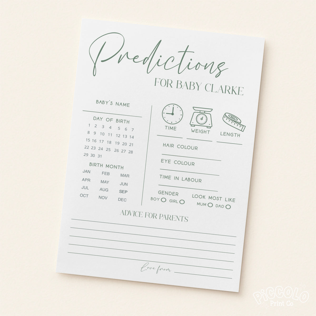 Baby Shower Prediction Cards (Personalised) - Simple Olive Green
