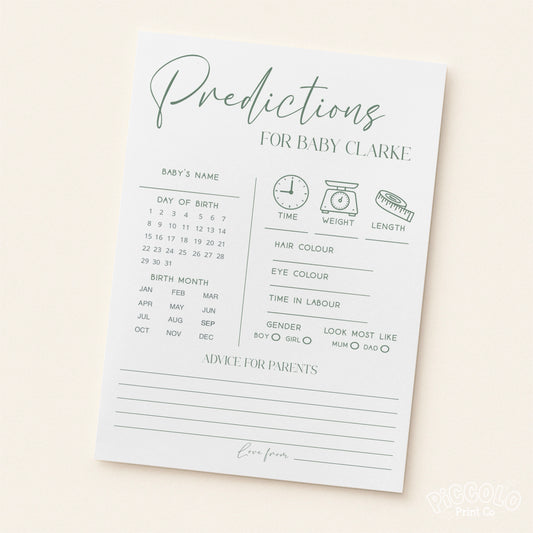 Baby Shower Prediction Cards (Personalised) - Simple Olive Green