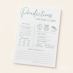 Baby Shower Prediction Cards (Personalised) - Simple Olive Green