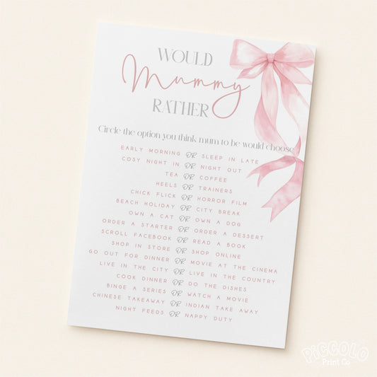 Would Mummy Rather Baby Shower Game (Personalised) - Pink Bow