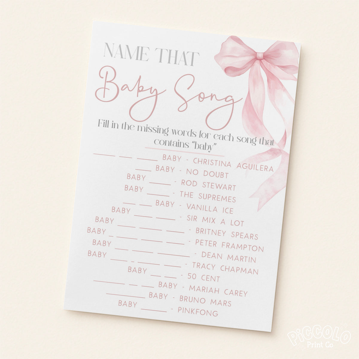 Name That Baby Song Baby Shower Game - Pink Bow